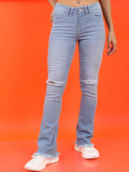 TOKYO TALKIES - Women Blue Slash Knee Light Fade Jeans