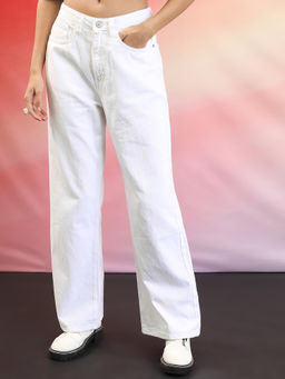 TOKYO TALKIES - Women White Wide Leg Mid-Rise Stretchable Jeans