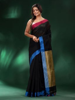 CHARUKRITI - Black Cotton Soft Saree with Dual Bordar with Unstitched Blouse