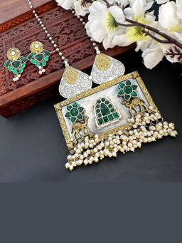 Putstyle - Tribal Dual Tone Long Oxidised Camel Necklace with Earrings - Green