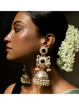 Putstyle - 92.5 Silver Lookalike Monalisa Stone Jhumka - Black