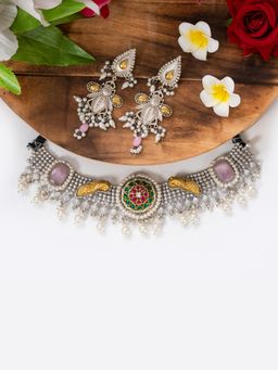 Putstyle - Silver Lookalike Necklace with Earrings - Multi-Color