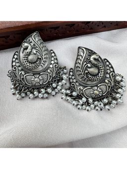 Putstyle - Leaf Pattern Peacock Oxidised Stud Earring - Silver
