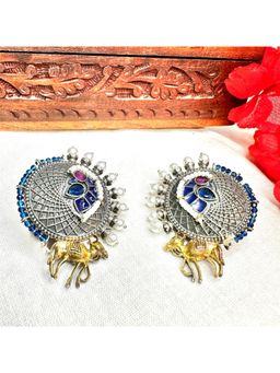 Putstyle - Bull Motif Dual Tone Stud Earring - Blue