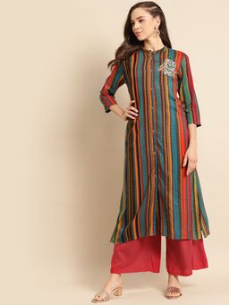 Rangmayee - Women Turquoise Blue & Red Stripe Printed & Hand Embroidery Straight Kurta
