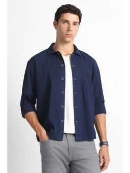 Van Heusen - Navy Blue Textured Full Sleeves Casual Shirt