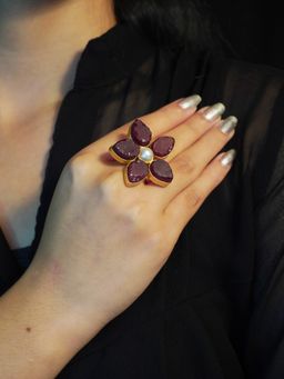 Niscka - Gold Plated Handcrafted Carmine Stones Studded Pearl Ring