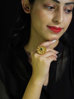 Niscka - Traditional Gold Plated Pearl Beads Kundan Adjustable Ring Green