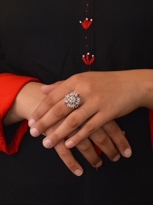 Niscka Silver Plated American Diamond and Zirconia Stone Studded Ring Pink