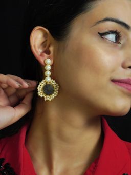 Niscka - Green Druzy Stone Studded Gold Plated Pearl Earrings