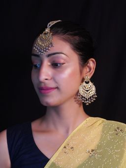 Niscka - Gold Plated Handcrafted Kundan Meenakari Earrings and Maang Tikka Set Grey