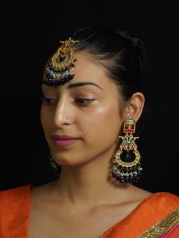 Niscka - Blue Beaded Kundan Gold Plated Earrings & Maang Tikka Set
