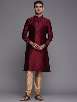Manyavar - Wine Full Sleeves Kurta with Pencil Pajama (Set of 2)