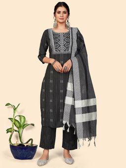 Vbuyz - Print & Embroidered Cotton Black Stitched Kurta Pant With Dupatta (Set of 3)