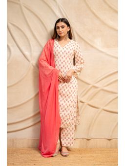 LABEL MAE - Cream Floral Printed Cotton Kurta with Pant and Dupatta