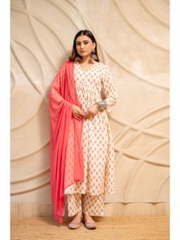 LABEL MAE - Cream Floral Printed Cotton Anarkali with Pant and Dupatta
