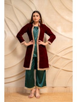 LABEL MAE - Maroon Velvet Jacket with Green Kurta and Palazzo