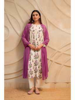 LABEL MAE - Ivory Floral Printed Kurta with Pant and Purple Dupatta