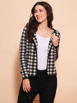 Globus - Women Black and White Checks Full Sleeves Cardigan