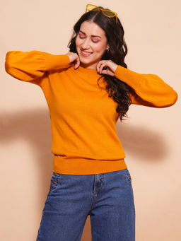 Globus - Women Mustard Cotton Bishop Sleeves Ribbed Hem Flat Knitted Pullover Sweater