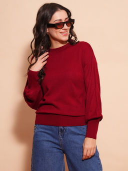 Globus - Women Maroon Cotton Bishop Sleeves Ribbed Hem Flat Knitted Pullover Sweater