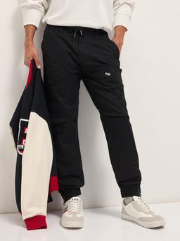 The Bear House - Mens Black Relaxed Fit Solid Cotton Joggers