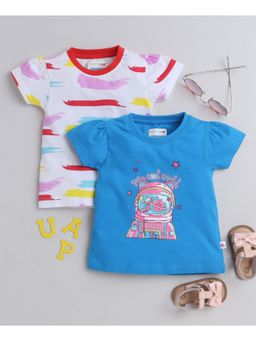 Bumzee - White & Blue Girls Half Sleeves T-Shirts (Pack of 2)