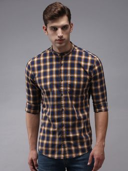 SHOWOFF - Men Navy Blue Mandarin Collar Gingham Checks Classic Fit Shirt