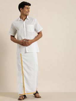 Vastramay - Mens White Pure Cotton Shirt with Mundu (Set of 2)