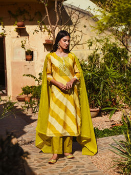 Karaj Jaipur - Light Green Mirror Lehariya Work Kurta with Pants & Dupatta (Set of 3)