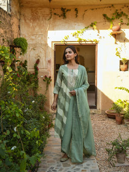 Karaj Jaipur - Fern Green Mirror Lehariya Work Kurta with Pants & Dupatta (Set of 3)