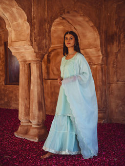 Karaj Jaipur - Gul Aqua Blue Kurta with Sharara & Dupatta (Set of 3)