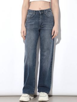 ONLY - Women Solid Wide Leg Casual Blue High-Rise Wide Leg Jeans