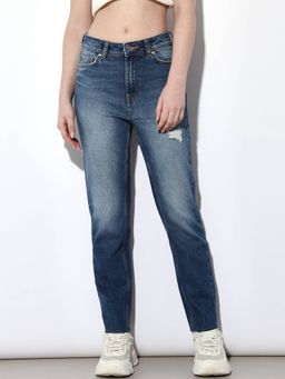 ONLY - Women Solid Straight Fit Casual Blue High-Rise Straight Jeans