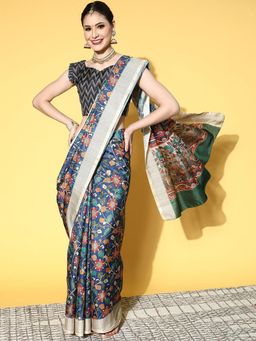 Odette - Manipuri Silk Blue Printed Designer Saree with Unstitched Blouse