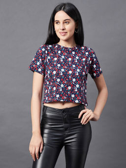 RIGO - Women Navy Floral Print Round Neck Short Sleeve Crop Top