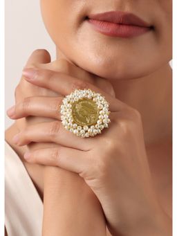 KALKI FASHION - Gold Finish Coin Shaped Ring With Pearls