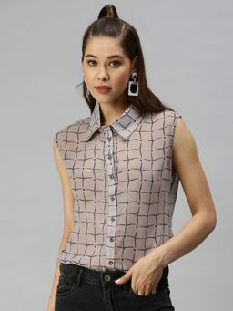 SHOWOFF - Women Slim Fit Sleeveless Taupe Geometric Shirt