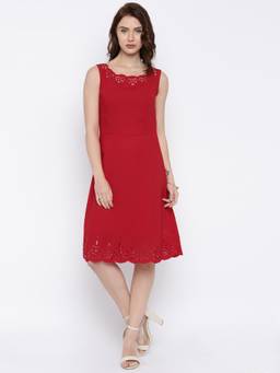 RARE - Women Red Solid Fit & Flare Dress