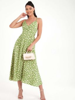 Styli - Green Strappy Daisy Print A-line Midi Dress With Bow Tie Back Detail