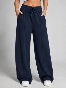 MIXT by Nykaa Fashion - Women Navy Blue Wide-Leg Terry Polycotton Relaxed Fit Pant