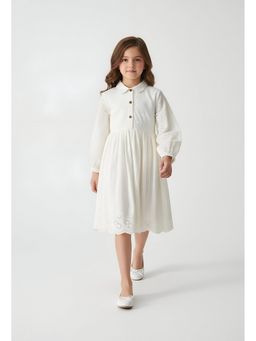 Bella Moda - White Cotton Full Sleeve Shifflie Work Fit and Flare Dress