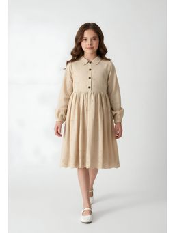 Bella Moda - Beige Cotton Full Sleeve Shifflie Work Fit and Flare Dress