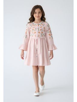 Bella Moda - Pink Cotton Full Sleeve Floral Embroidered Fit and Flare Dress with Belt
