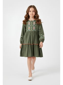 Bella Moda - Green Cotton Full Sleeve Floral Embroidered Fit and Flare Dress