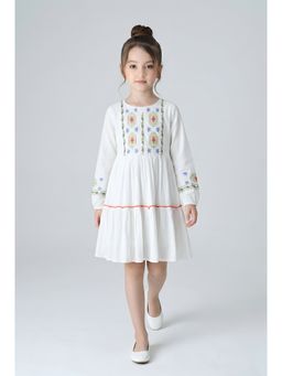 Bella Moda - White Cotton Full Sleeve Floral Embroidered Fit and Flare Dress