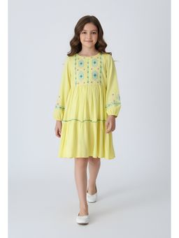 Bella Moda - Yellow Cotton Full Sleeve Floral Embroidered Fit and Flare Dress
