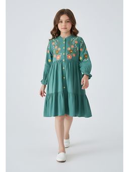 Bella Moda - Green Cotton Full Sleeve Floral Embroidered Fit and Flare Dress