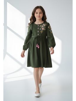 Bella Moda - Green Cotton Full Sleeve Floral Embroidered Fit and Flare Dress