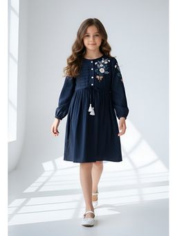 Bella Moda - Navy Blue Cotton Full Sleeve Floral Embroidered Fit and Flare Dress